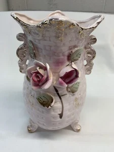 Antique Pink Floral 8” Tall Ceramic Vase With Gold Trim. - Picture 1 of 11