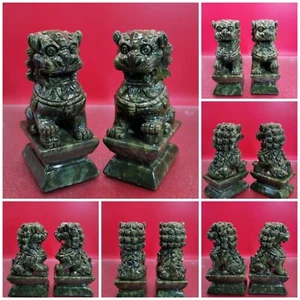 Ein Paar natürliche China grüne Jade geschnitzt Fengshui Foo Fu Hundegitter Türlende 4+ Pfund - Bild 1 von 13