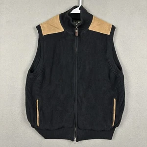 Orvis Sweater Vest Mens M Black Full-Zip Suede Patches Chunky Knit Pockets READ - Picture 1 of 15