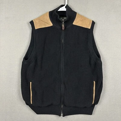 Orvis Sweater Vest Mens M Black Full-Zip Suede Patches Chunky Knit Pockets READ - Image 1 of 4