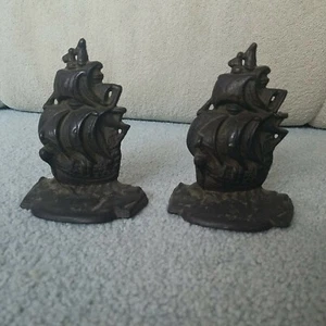 Antique Pair Cast Iron Clipper Ship Bookends  Pierced  - Picture 1 of 8