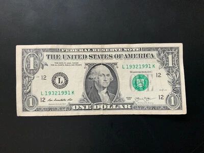 2013 $1 DOLLAR BILL L19321991K Serial number with 2 years 1932 and 1991 - Image 1 of 4