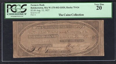 1827 $2 FARMERS BANK BELCHERTOWN, MASSACHUSETTS OBSOLETE PCGS VERY FINE-20 - Image 1 of 2