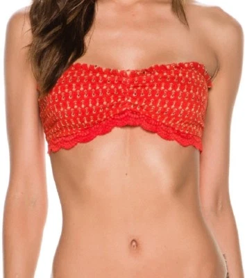 Bralette bandeau con ribete de encaje estampado cabaña Free People para mujer, rojo fiesta, XS Foto 1 de 2