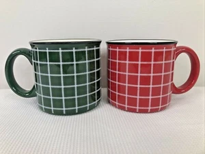 2 Hallmark Red & Green Plaid Set Christmas Holiday Coffee Mugs Soup Cups EUC - Picture 1 of 9