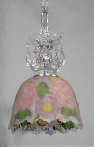 Signed Hand Made Glass Pendant Light Fixture Lamp Crystal Flowers Made in USA Cover
