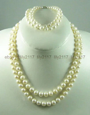 Genuine 2Rows 8-9mm Natural White Freshwater Pearl Necklace Bracelet set 18-19'' - Image 1 of 4