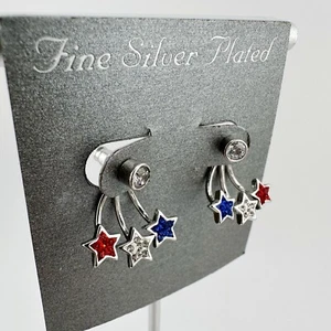 NWT Kohl’s Fine Silver Plated USA American Patriot 3 Star Crystal Stud Earrings - Picture 1 of 3