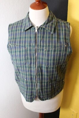 St Johns Bay Womens Vest Medium Reversable Pockets Green Blue Solid Plaid Zip - Image 1 of 4