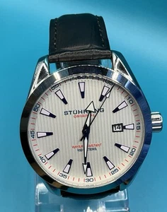 Stuhrling Forte 3953 Quartz Swiss Men's Watch 42mmm New Battery Black Leather - Picture 1 of 7