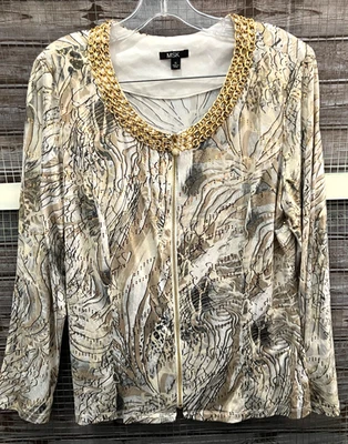 MSK Ivory Gold Chain Zip Jacket XL Metalic Stretch Rhinestone Mob Wife Vegas - Image 1 of 4