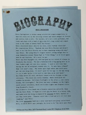 Bruce Springsteen Press Release Biography Original CBS Promotion Circa 1990s - Image 1 of 4