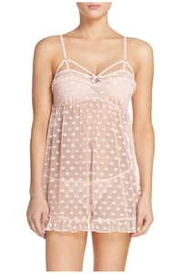 Neu mit Etikett - Betsey Johnson gepunktetes Netz Babydoll Negligee & String, rosa, Large - Bild 1 von 4