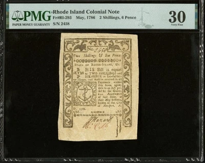 1786 RHODE ISLAND American Revolution Colonial Currency Bank Note RI-293, PMG 30 - Image 1 of 4