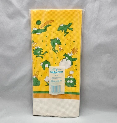 Vintage American Greetings Paper Tablecover White Yellow Partying Green Frogs - Image 1 of 4