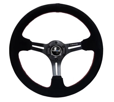 NRG Steering Wheel 350mm/3" Deep Blk Suede w/Red Stitching & 5mm Spokes w/Slits - Image 1 of 4