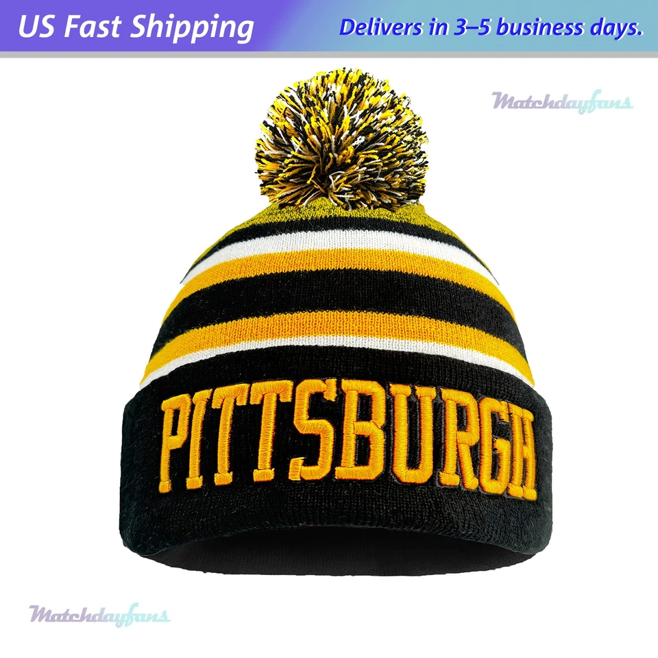 Pittsburgh Football Embroidery Skull Cap Winter Warm Beanie Pom Knit Stocking - Image 1 of 4