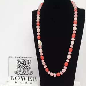 BOWERHAUS Rose Quartz Necklace - Keishi Pearl with 24K Gold Plated Clasp - Picture 1 of 11