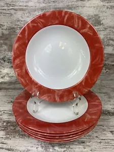 Six Arcopal France Rimmed White Glass Soup Bowls With Red Brushed Rim - Picture 1 of 9