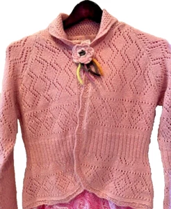 Girls Catimini Girls Siz 12 Knit Sweater Pink Cardigan Flower Button - Picture 1 of 8