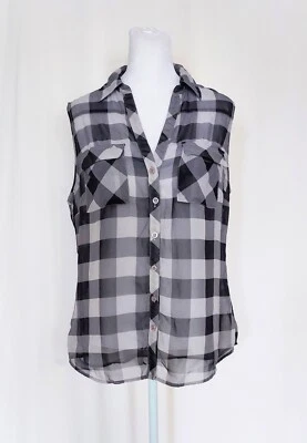 NY & Company Size Medium Sleeveless Sheer Button Up Top Black White Plaid - Image 1 of 4