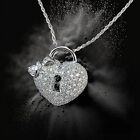 18k White Gold Puffy Diamond Heart Lock Bow Tie Pendant Necklace 1.20ct G-H VS