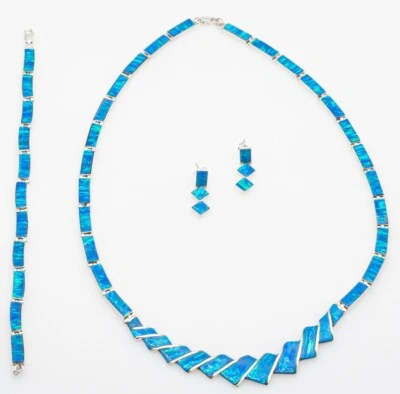 Conjunto de aretes pulsera collar ópalo de fuego azul joyería cadena de plata de ley  Foto 1 de 4