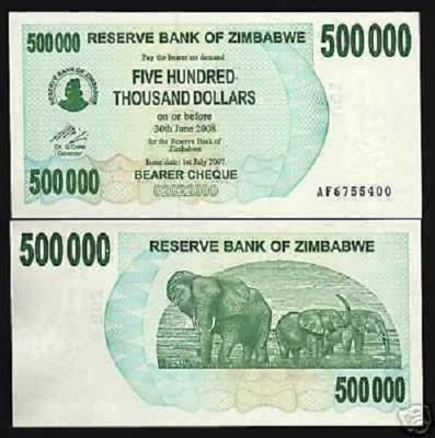 ZIMBABWE 500,000 Dollars P-51 2007 x 100 Pcs Lot BUNDLE ELEPHANT UNC 50 Million - Image 1 of 2