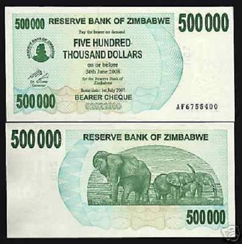 ZIMBABWE 500,000 Dollars P-51 2007 x 100 Pcs Lot BUNDLE ELEPHANT UNC 50 Million - Image 1 of 2