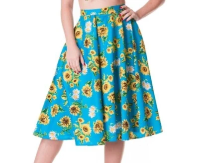 NUEVO CON ETIQUETAS Hell Bunny Vixen Girasol Margarita Azul Falda Circular XL Retro Pin-up Columpio  Foto 1 de 4