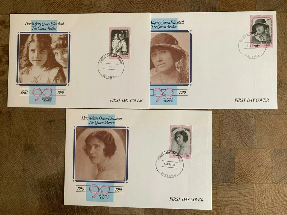 LESOTHO 1990 FDC x 3 королева мать 9oth день рождения - Изображение 1 из 1