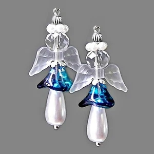 Earrings, White Pearl Lucite wing Christmas Angel "Peace" clip on or pierced - Picture 1 of 3