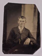 Antique Tintype Photo Western Cowboy Serious Young Man Suit Arm on Chair Armrest