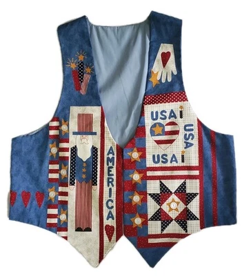 Patriotic Vest Extra Large Handmade Reversable USA OOAK Hand Sewn  - Image 1 of 4