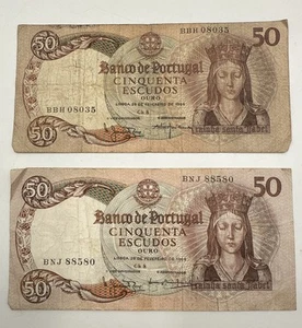 Queen Isabella Portugal 50 Escudos Banknote Old City Map Conimbriae Currency 2X - Picture 1 of 7