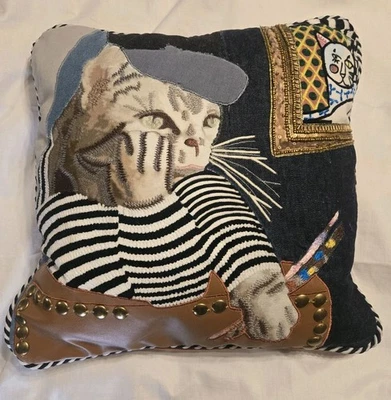 Mackenzie Childs Beaded Art Throw Pillow Pablo Picatsso Whimsical Embroidery Cat - Image 1 of 4