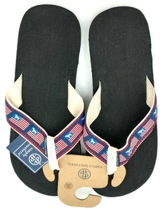 Simply Southern Shoes Men's XL 11/12 Flip Flops Patriotic Flag Dog Black New - Picture 1 of 7
