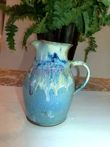 BEAUTIFUL HAND MADE POTTERY PITCHER, BLUE DRIP GLAZES, SIGNED NORWALD - Picture 1 of 6