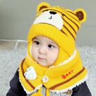 Winter Baby Hat Bib Earflap Suit Cartoon Bear Wool Knitted Warm Scarf Cap