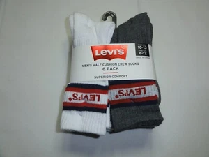 BRAND NEW Levi's Men's Half Cushion Crew Socks 8 Pack Shoe Size 8-12 White/Gray - Picture 1 of 5