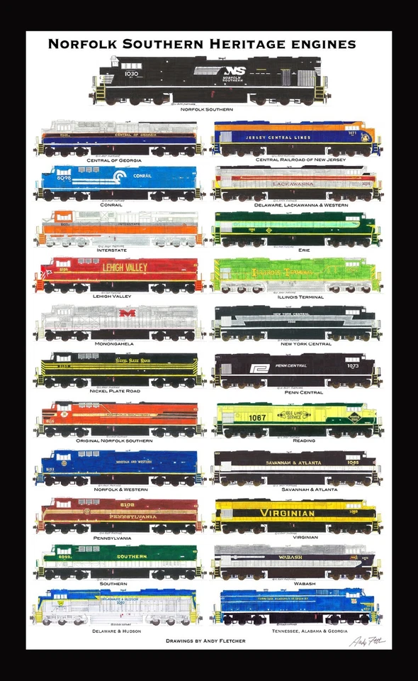 Cartel enmarañado Norfolk Southern Heritage Locomotives 12"x18" firmado por Andy Fletcher Foto 1 de 1
