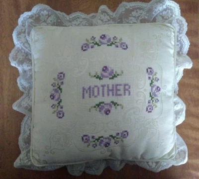 Mother Mom Pillow Embroidered Cross Stitch Lace Cream Purple 9 Inch Square - Image 1 of 3