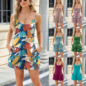 Women Summer Crew Neck Jumpsuit Casual Loose Pockets Shorts Overalls Soft - Picture 1 of 31