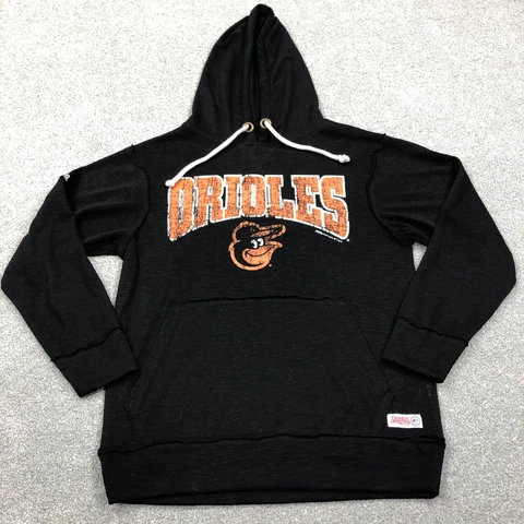 Baltimore Orioles Hoodie Men Small Black Pull Over Sweater Knit Loose Fit Adult Cover