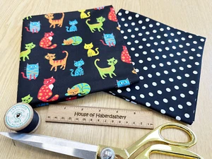 FABRIC BUNDLE - Happy Cats & Black Spots Cotton Fabric - 2 x 0.5m - Picture 1 of 3