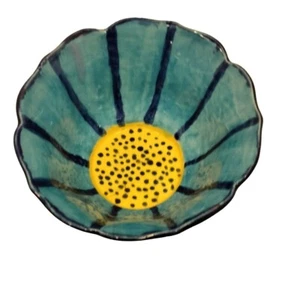 Sunflower Bowl Artisan Pottery Blue Shabby Glaze Farmhouse Cottage OOAK Signed  - Picture 1 of 11