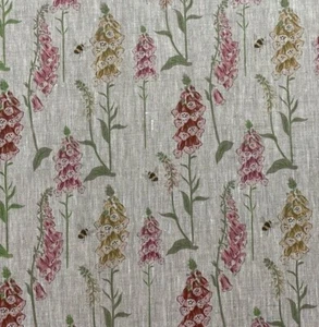 100% Linen Fabric FOXGLOVE FLORAL Pink Yellow Curtain Blind Upholstery Cushion - Picture 1 of 9