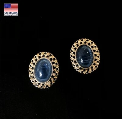 Fashion Women 925 Sterling Silver Earrings Retro Oval Simulated Sapphire 1559 - Image 1 of 3