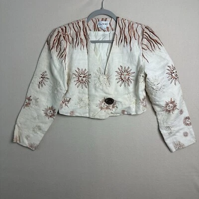 Vintage Linen Embroidered Gold Sun Blazer Womens 4 Boho Cream Artsy Oro SOLO - Image 1 of 4