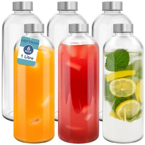 HEFTMAN Glass Bottles with Lids Water Smoothies Airtight 250mL 500mL 1L 6 Pack - Picture 1 of 21